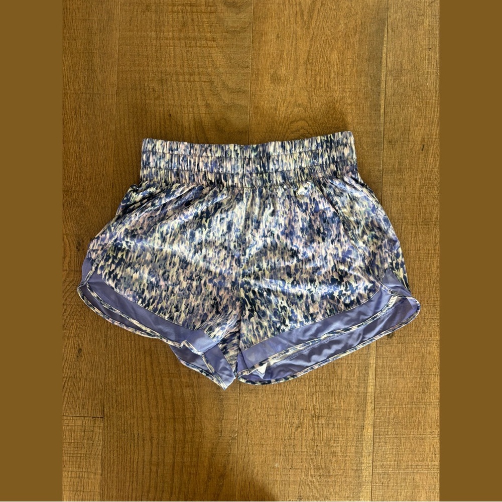athleta mesh racer run printed purple shorts